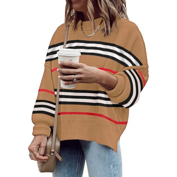 Women's Brown Batwing Long Sleeve Crew Neck Striped Oversized Pullover Sweater - Picture 2 of 5